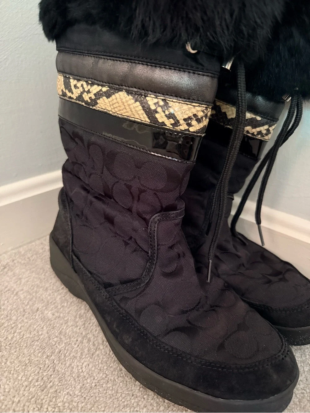 Coach Black Faux Fur Winter Boots with Snakeskin Trim
